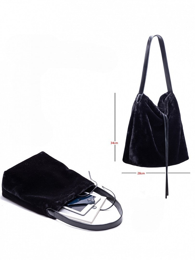 Luxurious Black Plush Shoulder Tote With Drawstring Closure