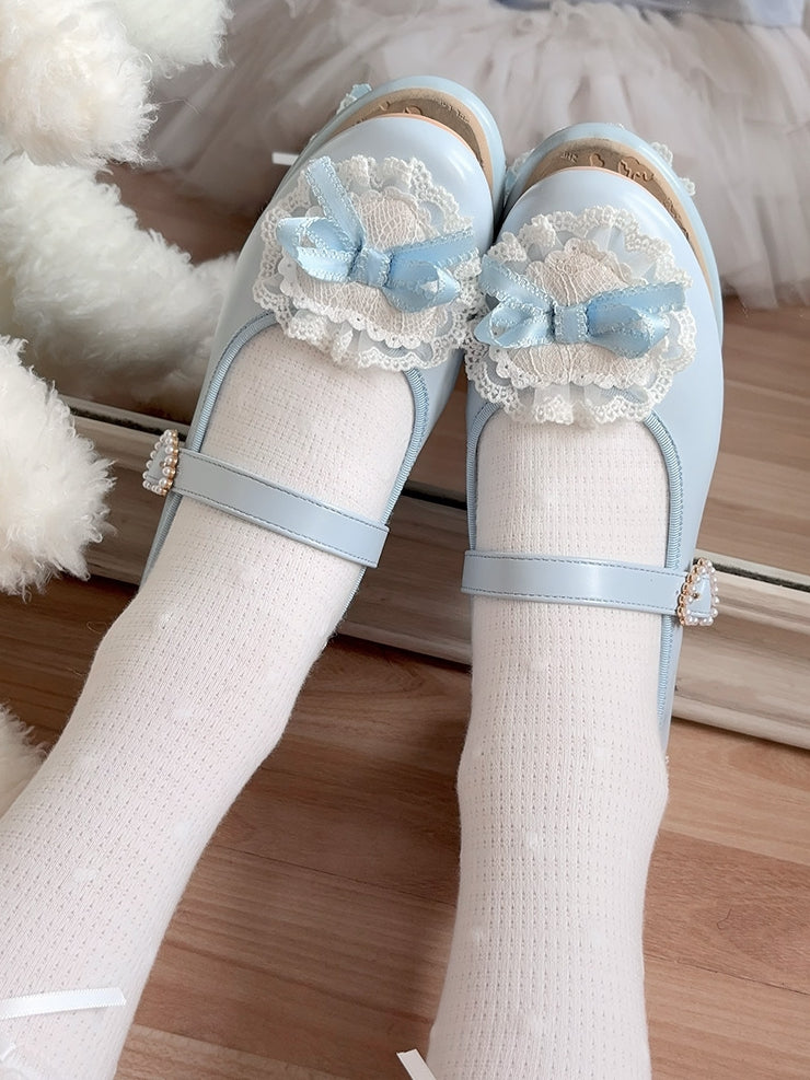 Blue Bow at Top Lace Trim Beaded Heart Buckles Lolita Shoes