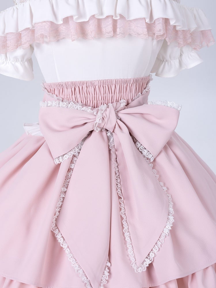 Sweet Pink Jirai Kei High Waist Layered Skirt Smocked Elastic and Self-tie Bow Back