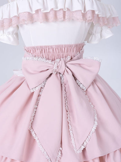Sweet Pink Jirai Kei High Waist Layered Skirt Smocked Elastic and Self-tie Bow Back