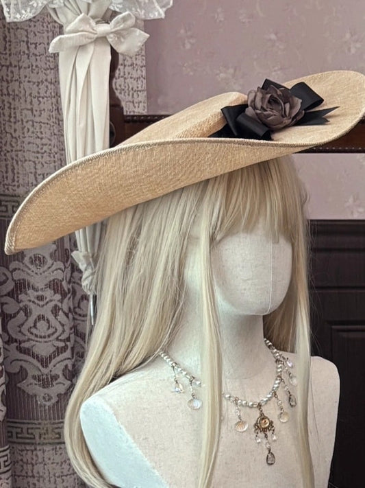 Brown Satin Flower Decorated Large Hat