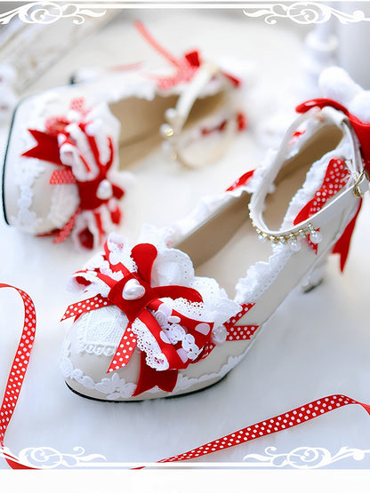 Red Sweet Lolita Bow at Top Plush Bunny Decorated 5CM Block Heels Lolita Shoes