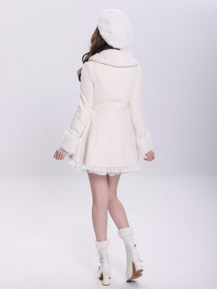 Creamy Jirai Kei Butterfly Buckles Closure Coat with Detachable Plush Collar and Cuffs