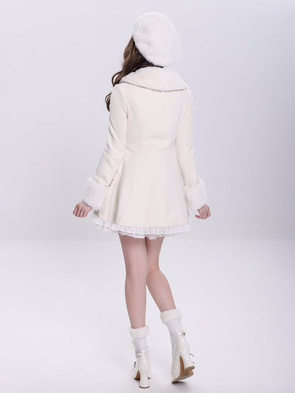 Creamy Jirai Kei Butterfly Buckles Closure Coat with Detachable Plush Collar and Cuffs