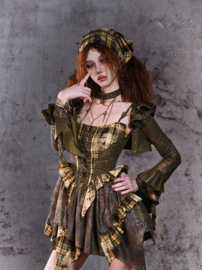 Green Asymmetrical Ruffled Cuff Shrug with Flutter Sleeve Detail at Shoulder