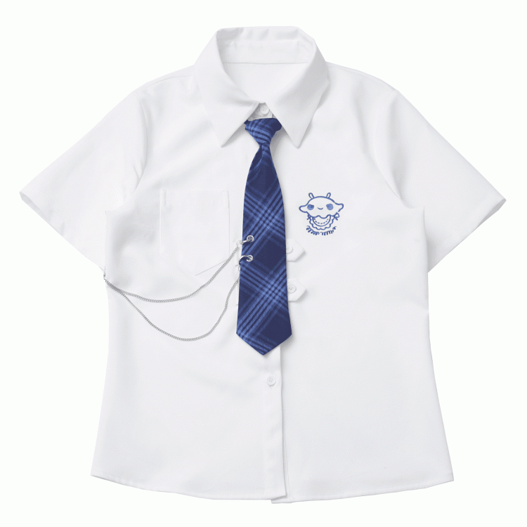 Adorable Jellyfish Embroidery White Short Sleeves Shirt with Blue Plaid Tie
