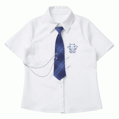 Adorable Jellyfish Embroidery White Short Sleeves Shirt with Blue Plaid Tie