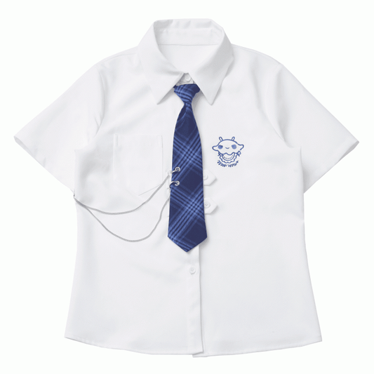 Adorable Jellyfish Embroidery White Short Sleeves Shirt with Blue Plaid Tie