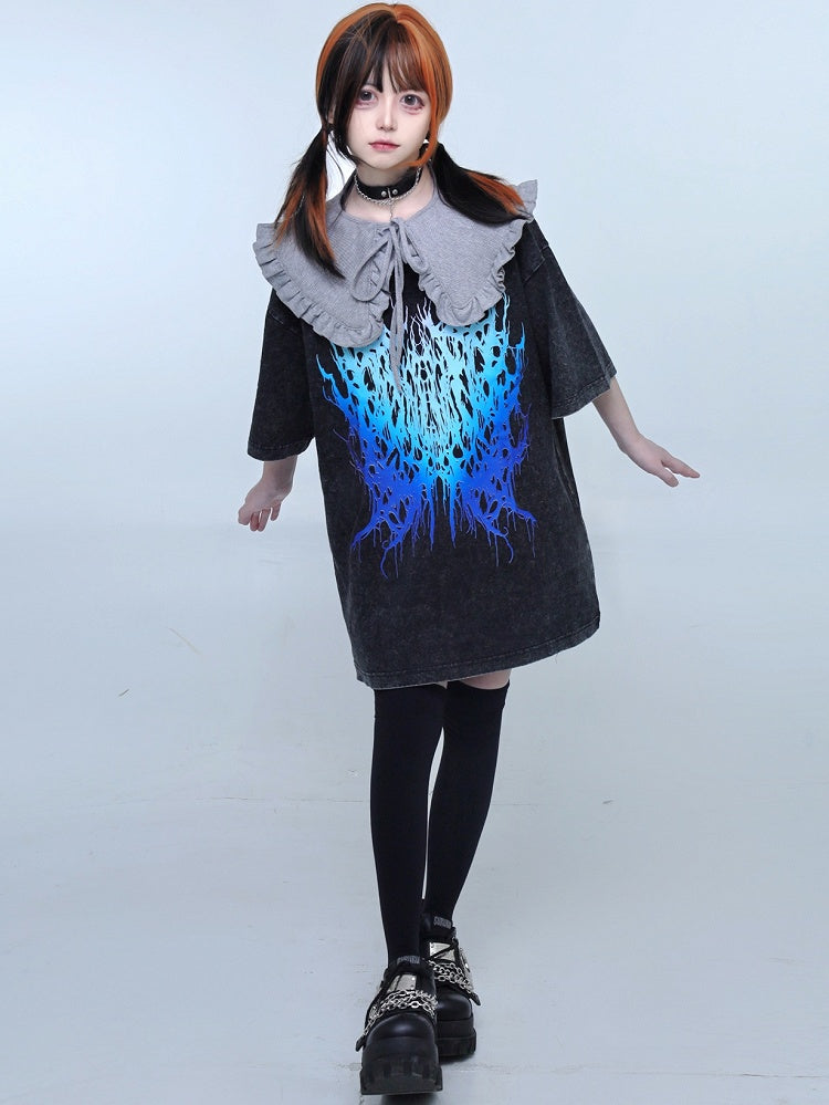 Black Jirai Kei Faded Wash Design Round Neck T-shirt