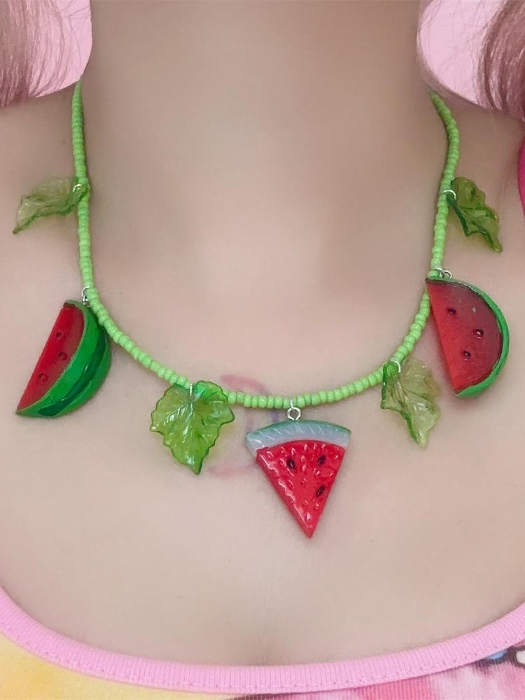 Green&Red Y2K Watermelon And Leaf Pendant Necklace