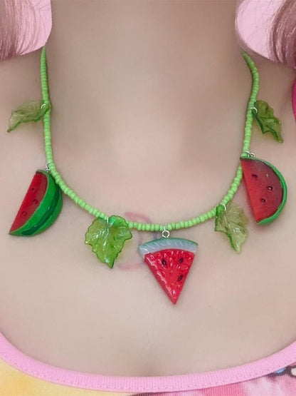 Green&Red Y2K Watermelon And Leaf Pendant Necklace