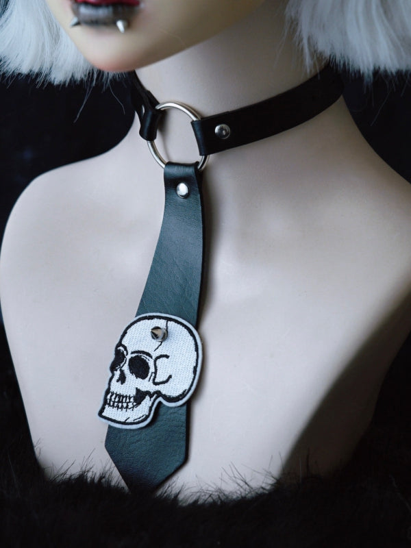 Black Gothic Skeleton Applique Studs Decorated Tie PU Choker