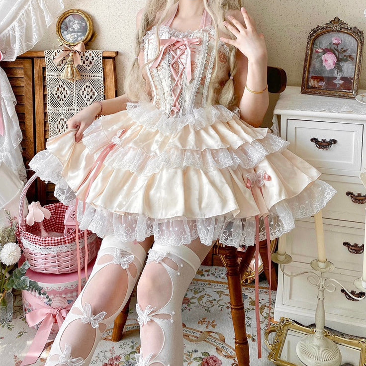 Pink Balletcore Halter Neck Boned Corset Top + Tiered Ruffle Skirt