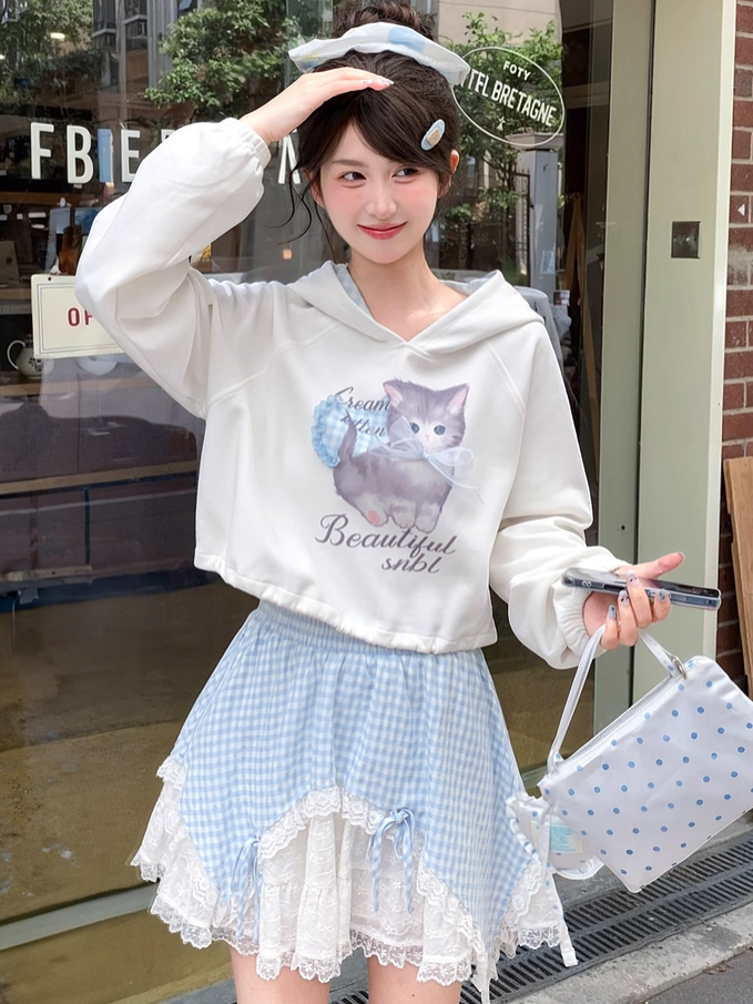 Adorable Cartoon Kitty Print Drawstring Hem Blue Plaid Hood White Hoodie