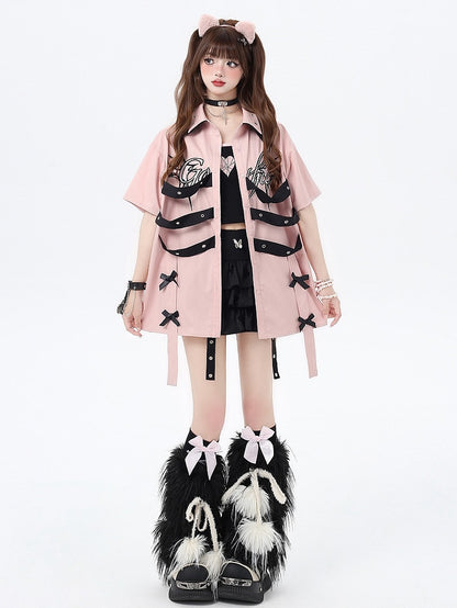 Bowknot Details Pink Cyberpunk Short Sleeves Shirt