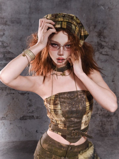 Green Plaid Pattern Stud Metal Butterfly KC