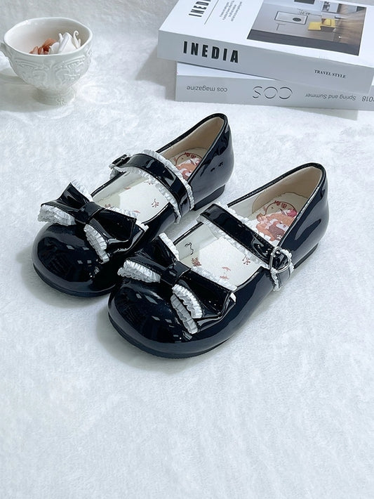 Round Toe Sweet Black Low-heel Shoes - Ruffles Trim, Heart Buckle & Bow at Top