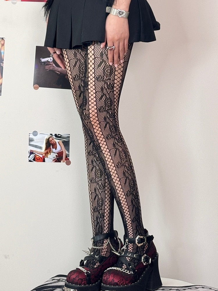 Black/White/Brown/Purple Y2K Cut-out Design Rosette Pattern Tights