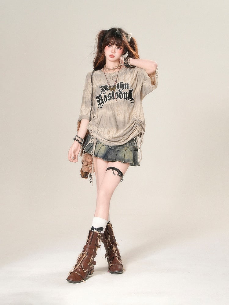 Apricot Letter Print Drawstring Waist Distressed Holes Loose T-Shirt