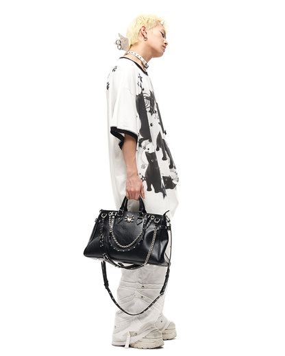 Black Stud Details Large Capacity PU Crossbody Tote Bag Multiple Shoulder Straps