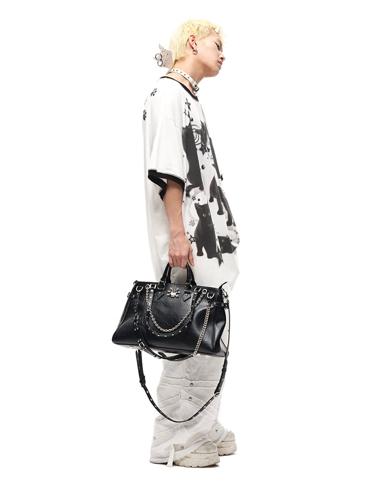 Black Stud Details Large Capacity PU Crossbody Tote Bag Multiple Shoulder Straps