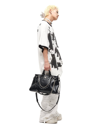 Black Stud Details Large Capacity PU Crossbody Tote Bag Multiple Shoulder Straps