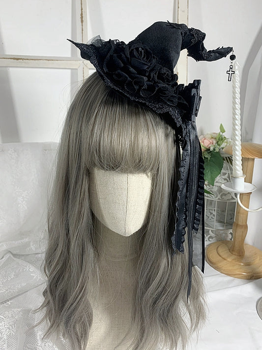 Cross Charm Gothic Black Floral Design Halloween Rhinestoned Bowknot Witch Hat