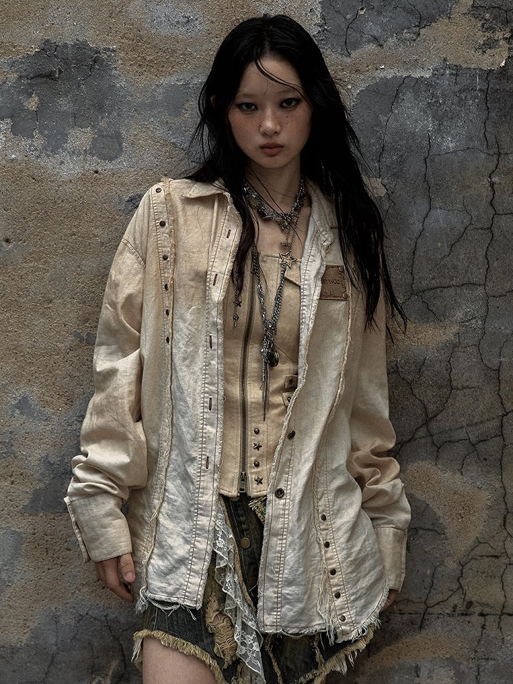 Beige Star Patch Punk Studs Faded Wash Shirt Frayed Hem