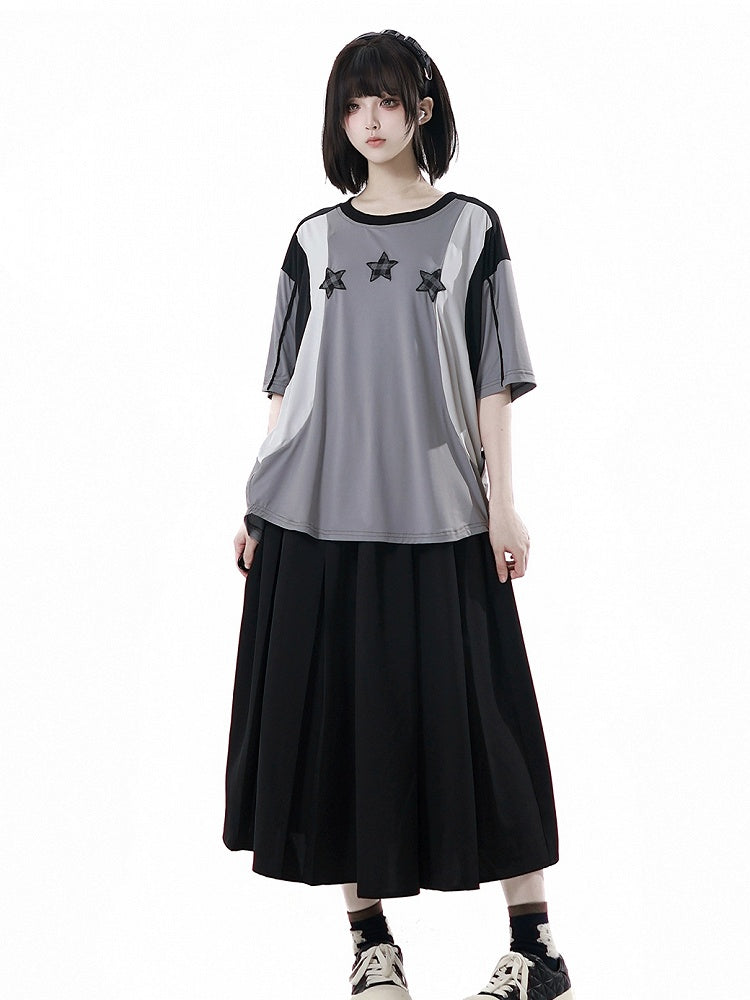 Black/Gray Colorblock Design Plaid Star Appliques Round Neck Sports T-shirt