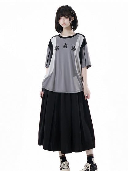 Black/Gray Colorblock Design Plaid Star Appliques Round Neck Sports T-shirt