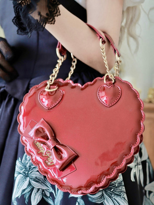 Multi-Way Polished Red Heart Bag for Lolita - Cookie Design with Bow Accent and Secure Zipper