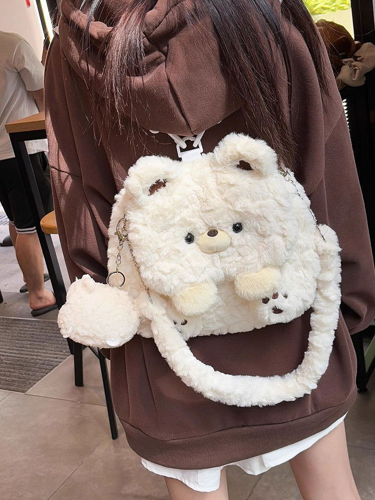 White Cute Bear Plush Flap Backpack Bag Middle/Large Size