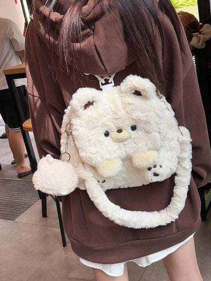 White Cute Bear Plush Flap Backpack Bag Middle/Large Size