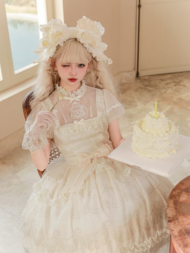 Creamy White Illusion Neckline Short Sleeves Lolita One Piece