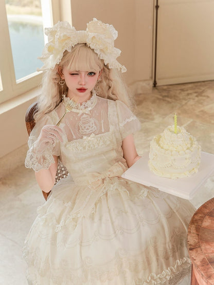Creamy White Illusion Neckline Short Sleeves Lolita One Piece