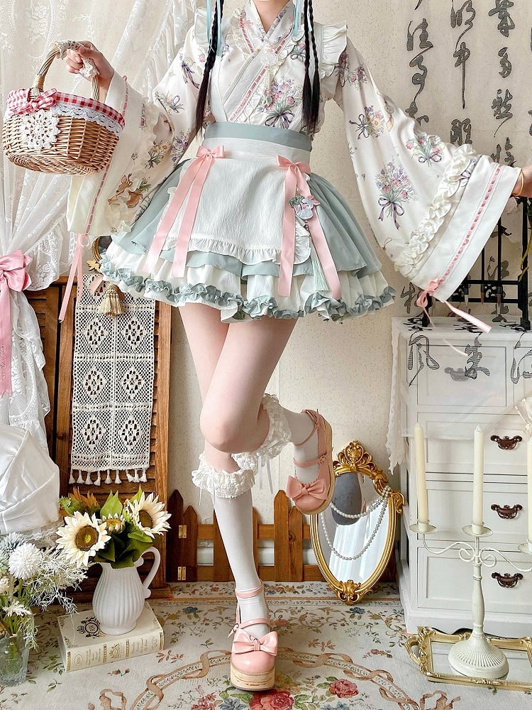 Light Green Herbal Medicine Crossover Neckline Top + Skirt Han Lolita Set
