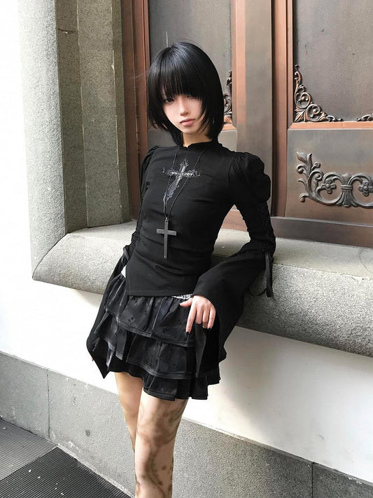 Black Bell Sleeves Top with Embroidered Cross Applique & Side Lace-up