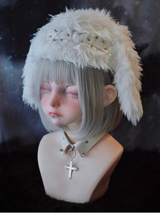 White Gothic Studs and Pins Bunny Ear Plush Hat