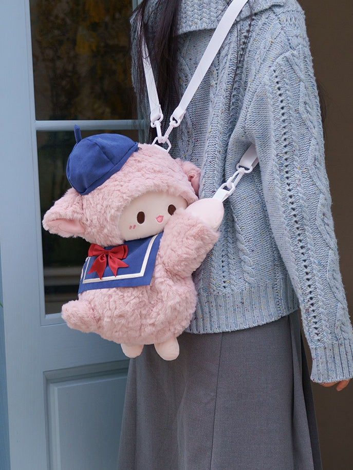 Cute Little Lamb Pink Plush Backpack/Crossbody Bag + Blue Hat + Sailor Collar Middle/Large Size
