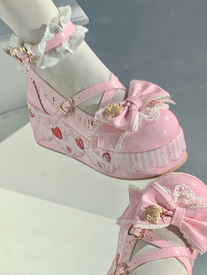 Platform Pink Mary Janes in PU - Berry Details, Lace Trim & Heart Buckles