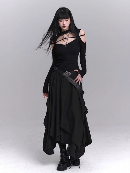 Black Crew Neck Cutout Shoulder Cross Embellished Top