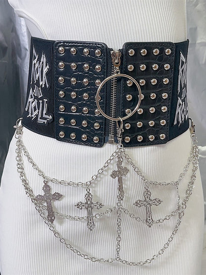 Black Punk Studs Details Cross Charm Waist Corset Belt