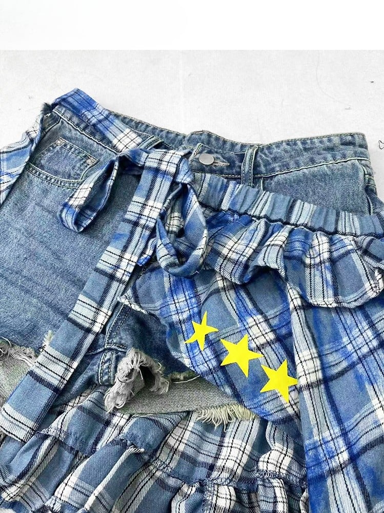 Blue Bittersweet Glamorous Set- Asymmetrical Hem Shorts + Plaid Pattern Star Print Skirt + Cross Applique Leg Warmers