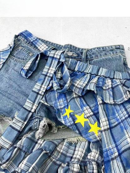 Blue Bittersweet Glamorous Set- Asymmetrical Hem Shorts + Plaid Pattern Star Print Skirt + Cross Applique Leg Warmers