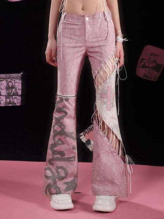 Lace-up Detail Dusty Pink Asymmetrical Flared Pants