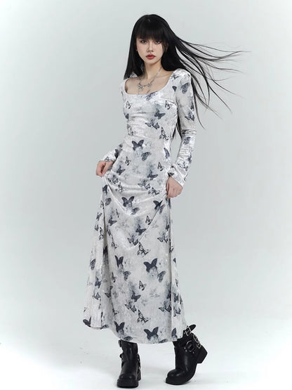 White Velvet Butterfly Print Slim-fitting Dress