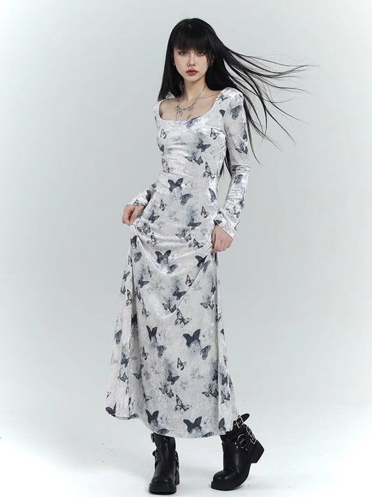 White Velvet Butterfly Print Slim-fitting Dress