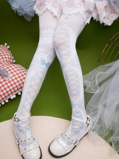 Pink/Blue/Black/Yellow/Red Asymmetrical Crisscorss Banded And Butterfly Print Tights