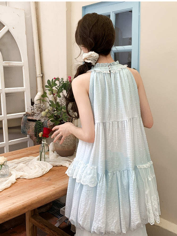 Light Blue Ruffled Halter Neck Bead Buttons Sleeveless Dress Bubble Skirt