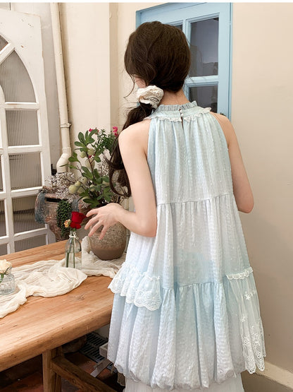 Light Blue Ruffled Halter Neck Bead Buttons Sleeveless Dress Bubble Skirt